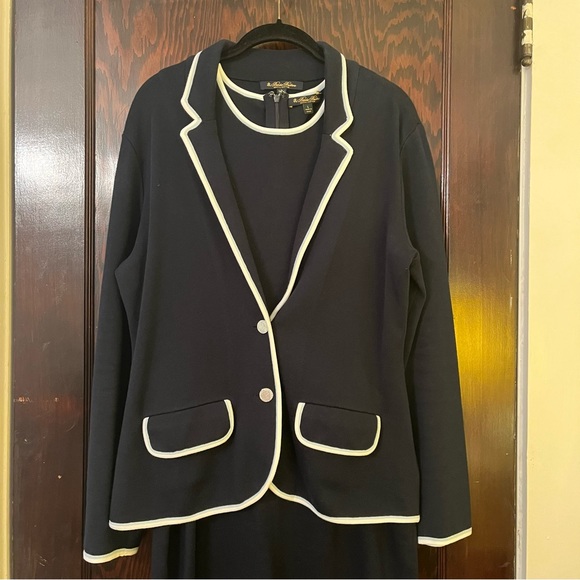 Brooks Brothers Navy Knit Suit Sheath Dress Jacket sz Large - Picture 2 of 10